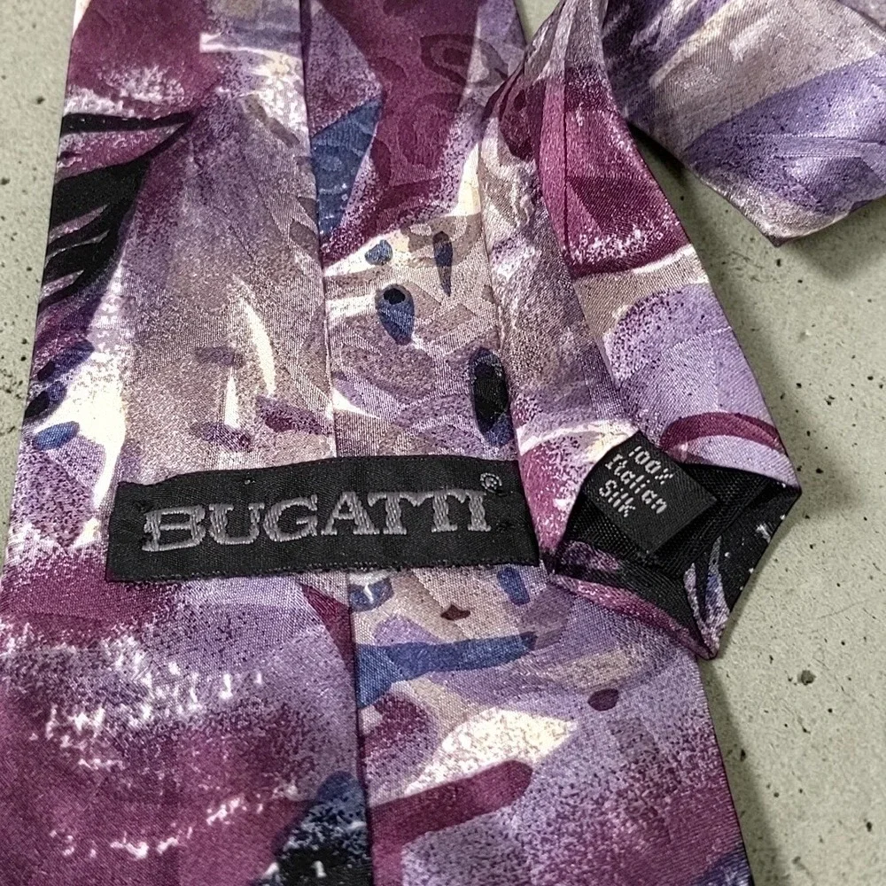 Vtg 90s Bugatti Mens Silk Tie Purple Abstract Geometric Brushstroke Italian Silk